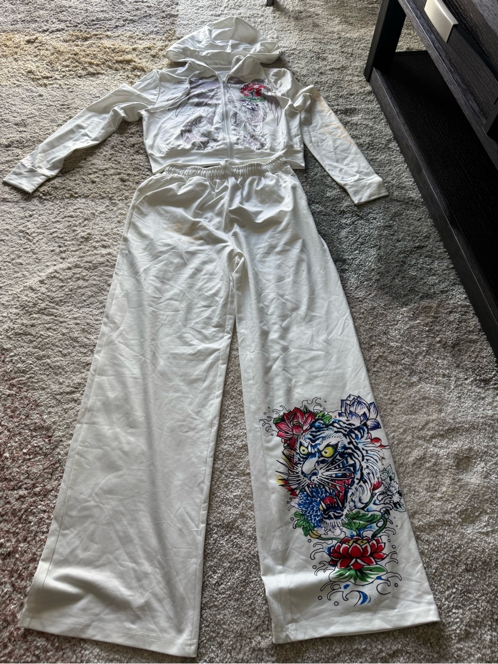 Ed Hardy style Y2K white tracksuit set tiger lotus tattoo graphic hoodie pants S